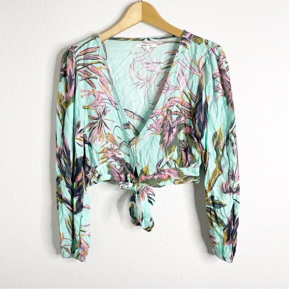 Oneill Top Floral Mint Tropical Tie Front Crop Long Sleeve Size Small - Picture 2 of 6